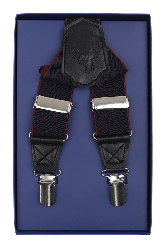 James Adelin Men's Suspenders in Navy Burgundy Striped Herringbone