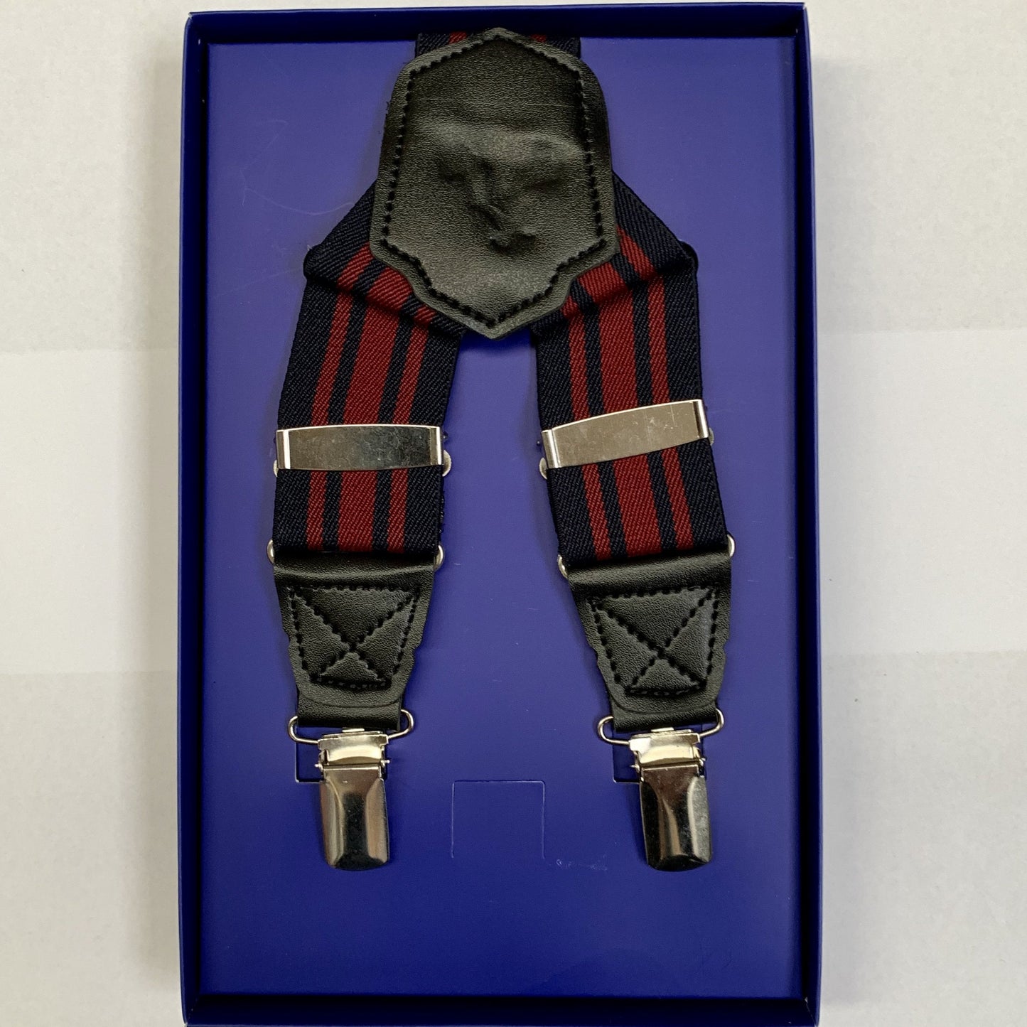 JAMES ADELIN Men's Suspender in Navy and Burgundy Stripe