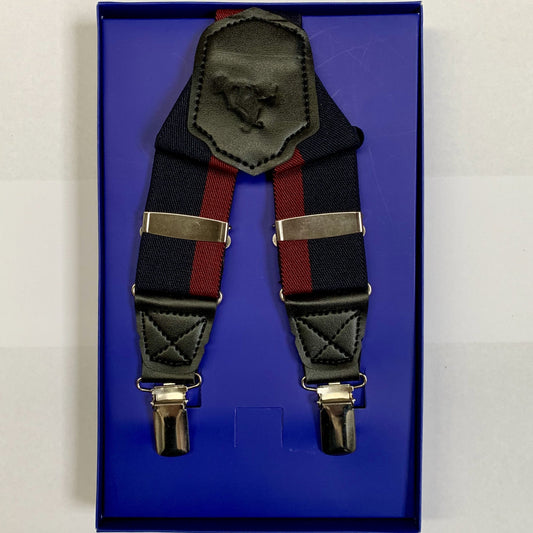 JAMES ADELIN Men's Suspenders in Navy and Burgundy Block Stripe