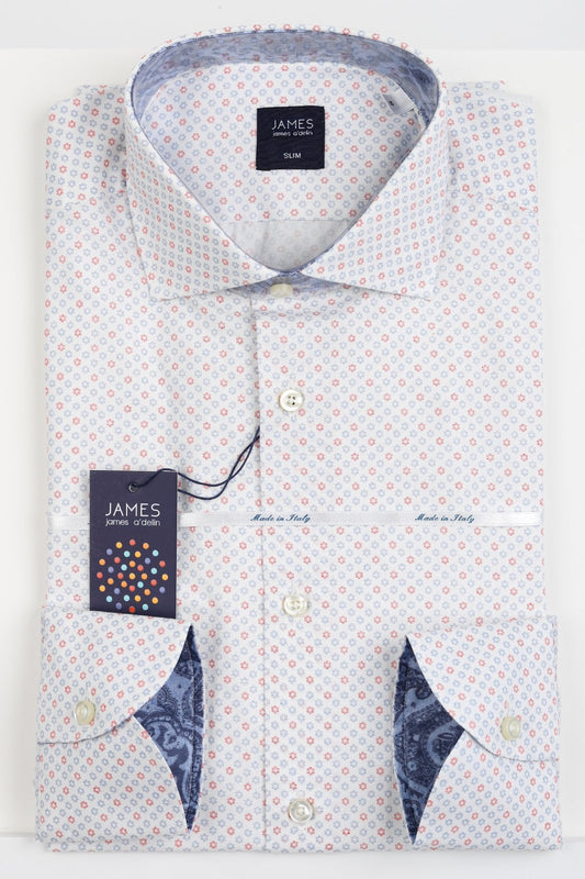 ITART-6 JAMES ADELIN Mens Long Sleeve Italian Shirt in White, Red and Blue Geometric Shirt