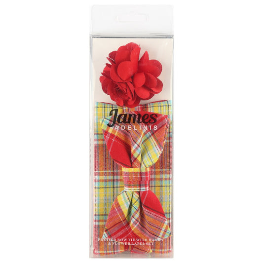 JA128P-2 JAMES ADELIN Pocket Square, Flower and Bow Tie Combo in Red Check