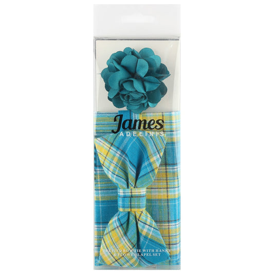 JA128P-1 JAMES ADELIN Pocket Square, Flower and Bow Tie Combo in Turquoise Check