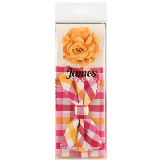 JA2666P-3 JAMES ADELIN Pocket Square, Flower and Bow Tie Combo in Magenta, Gold and White Check