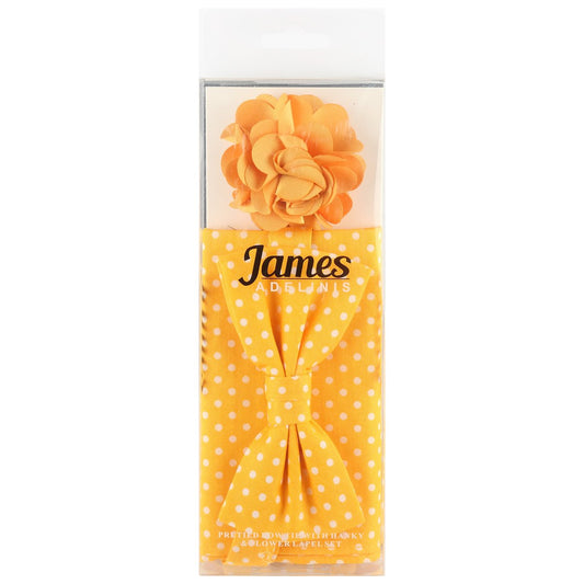 JA73P-15 JAMES ADELIN Pocket Square, Flower and Bow Tie Combo in Gold and White Polka Dot