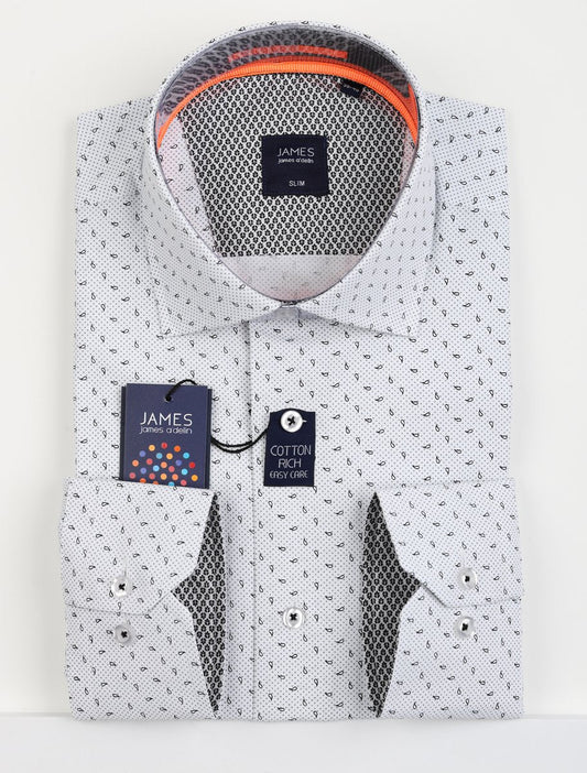 JSC105 White/Black JAMES ADELIN Long Sleeve Shirt in White and Black Spotted Paisley