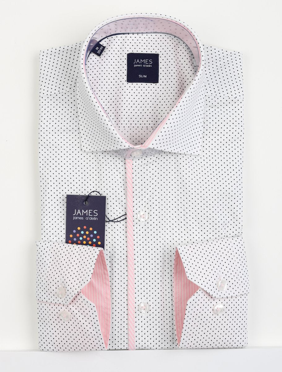 JSCCLY-20 White/Pink JAMES ADELIN Mens Long Sleeve Stretch Shirt in White and Pink Spotted