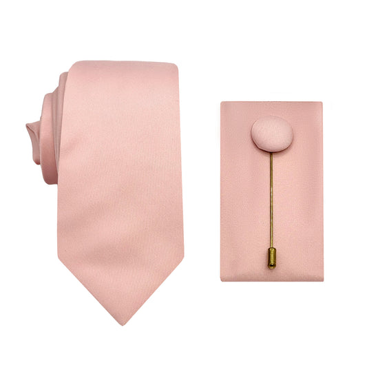 JASATINSLIMCOMBO1-29 JAMES ADELIN Luxury Satin 6.5cm Skinny Tie/Pocket/Square/Lapel Pin Set in Soft Pink