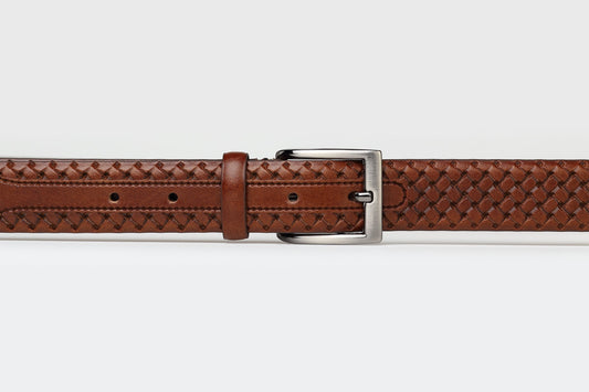 James Adelin Mens Leather Belt Dark Tan Platted Weave