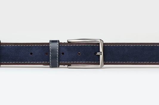 James Adelin Mens Leather Belt Navy and Brown Two Tone Suede